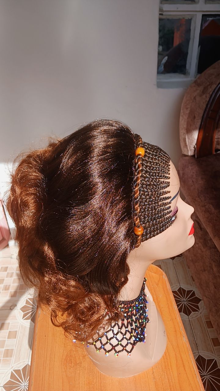 Curly Braided Wig — Beaded Crown — Auburn