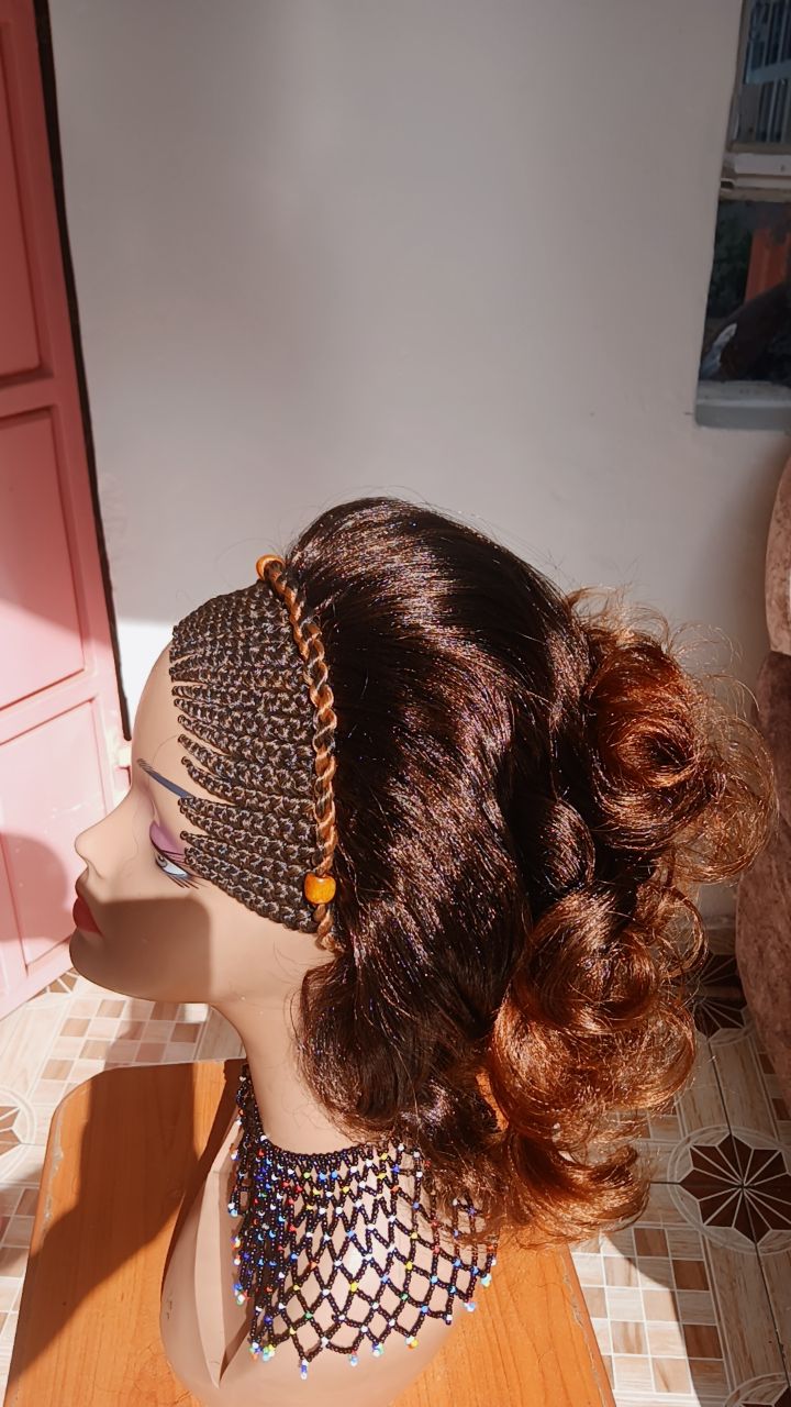 Curly Braided Wig — Beaded Crown — Auburn