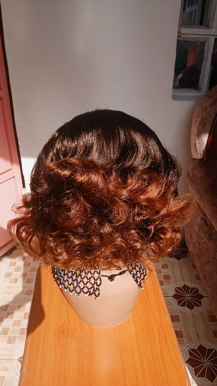 Curly Braided Wig — Beaded Crown — Auburn