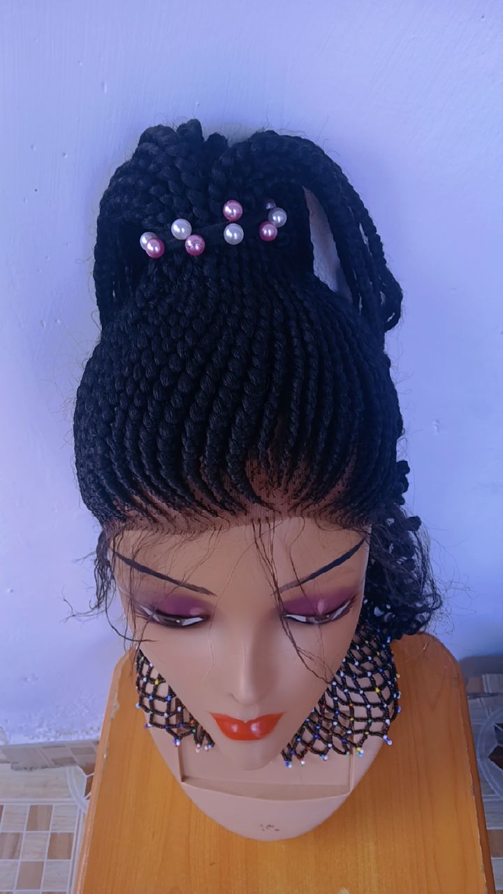 Pearl Crown Curly Braided Wig — Full Lace Onyx