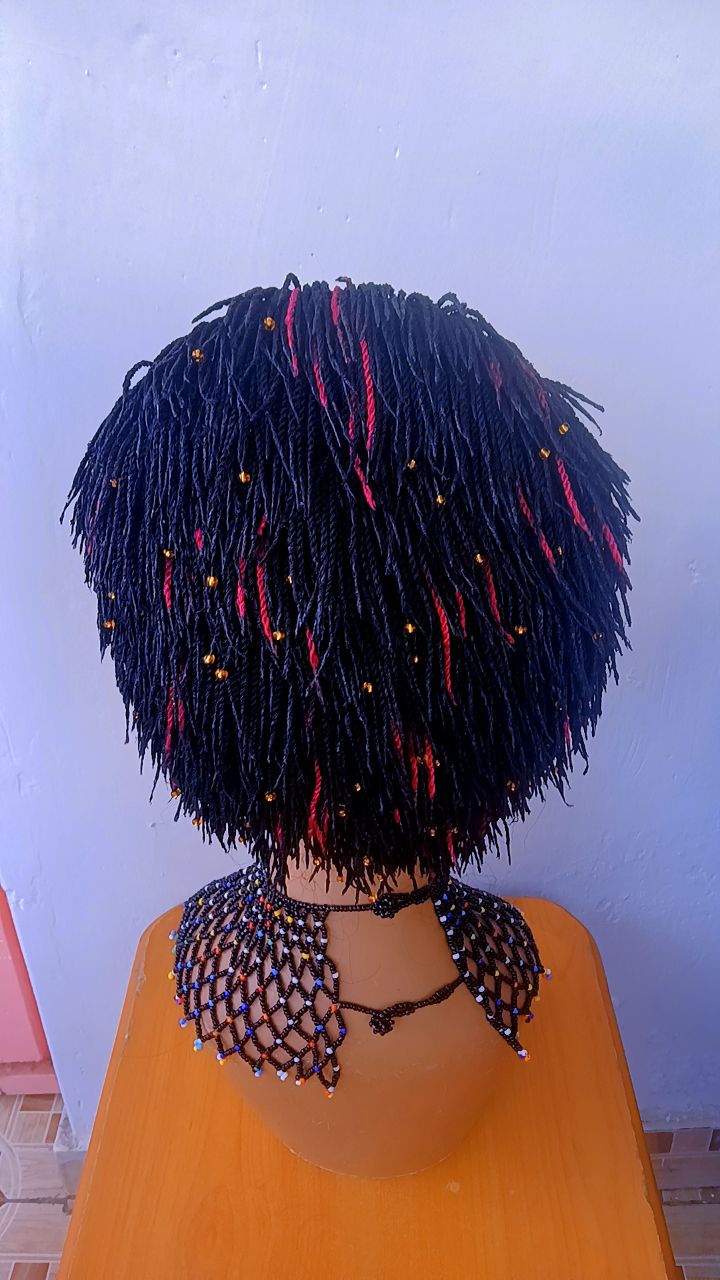 Maasai Wig | Short Kinky-Twist Braided Wig with Color Streaks & Beads