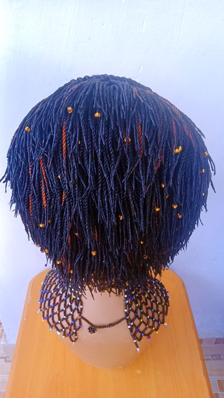 Maasai Wig | Short Kinky-Twist Braided Wig with Color Streaks & Beads
