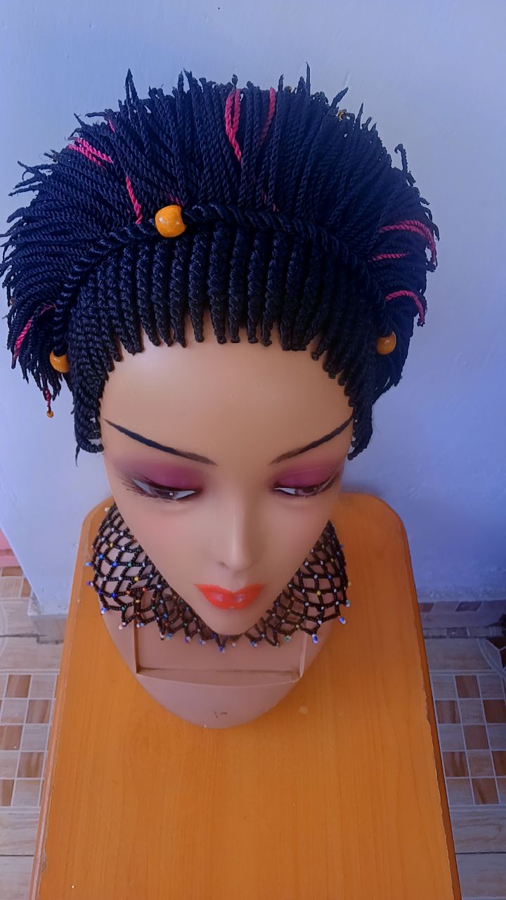 Maasai Wig | Short Kinky-Twist Braided Wig with Color Streaks & Beads