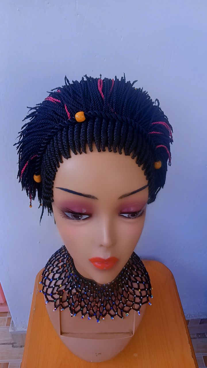 Maasai Wig | Short Kinky-Twist Braided Wig with Color Streaks & Beads