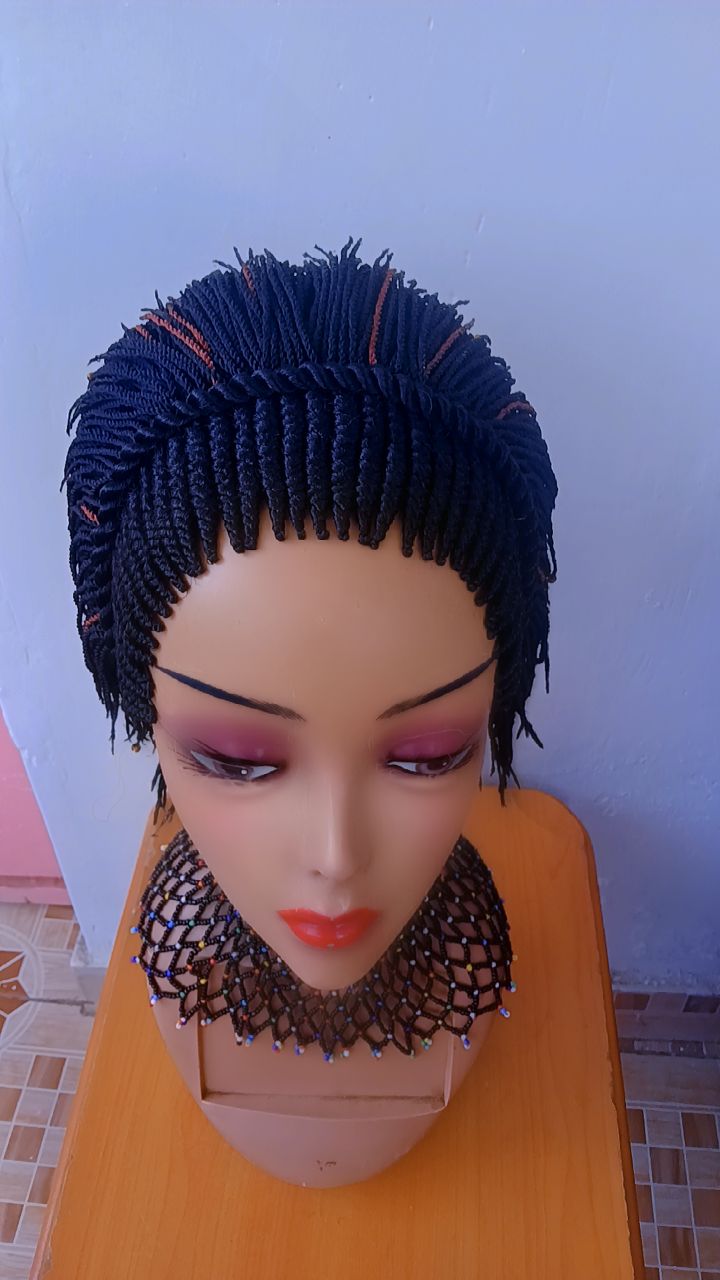 Maasai Wig | Short Kinky-Twist Braided Wig with Color Streaks & Beads