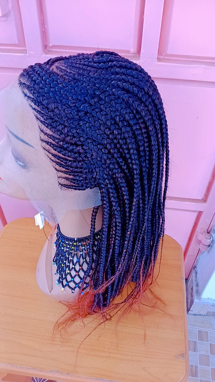 Side-Swept Frontal Braided Wig — Black-to-Burgundy Ombre