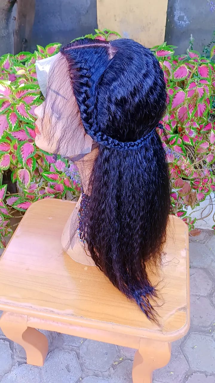 Semi Human Kinky Straight Frontal Wig — Natural Black