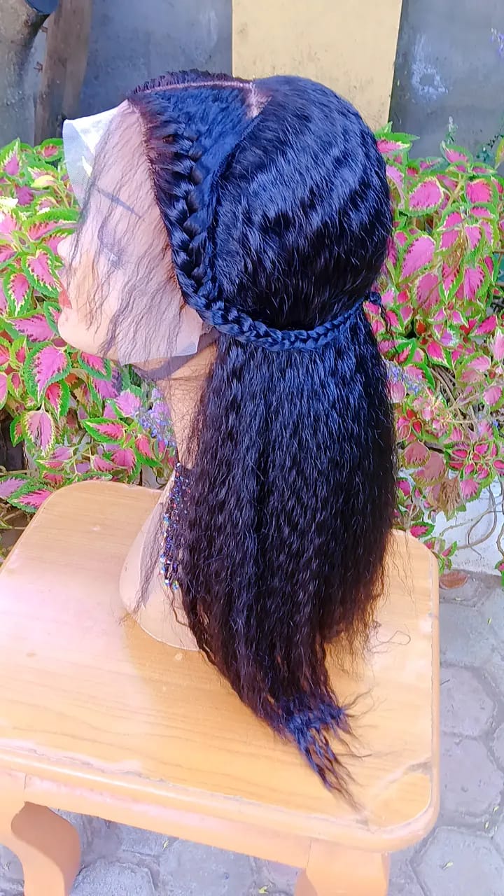 Semi Human Kinky Straight Frontal Wig — Natural Black