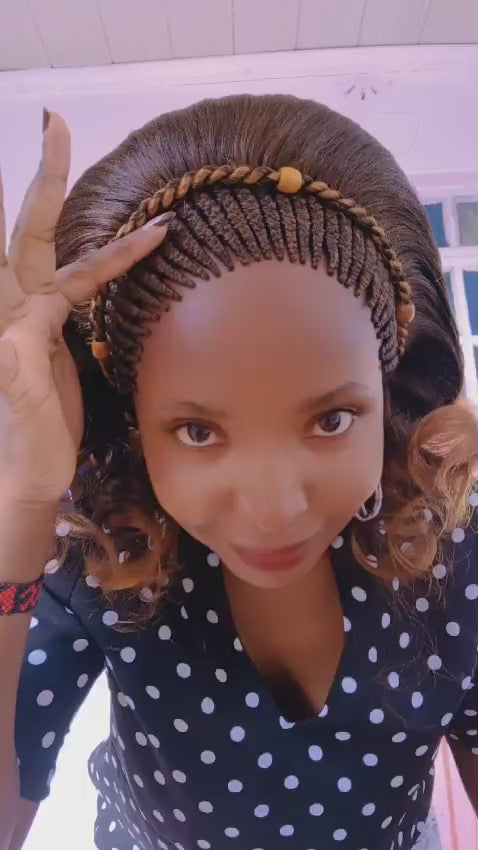 Curly Braided Wig — Beaded Crown — Auburn