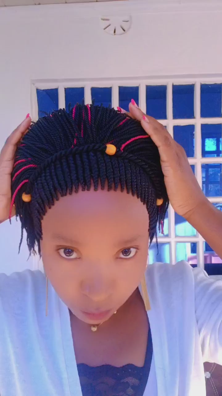 Maasai Wig | Short Kinky-Twist Braided Wig with Color Streaks & Beads