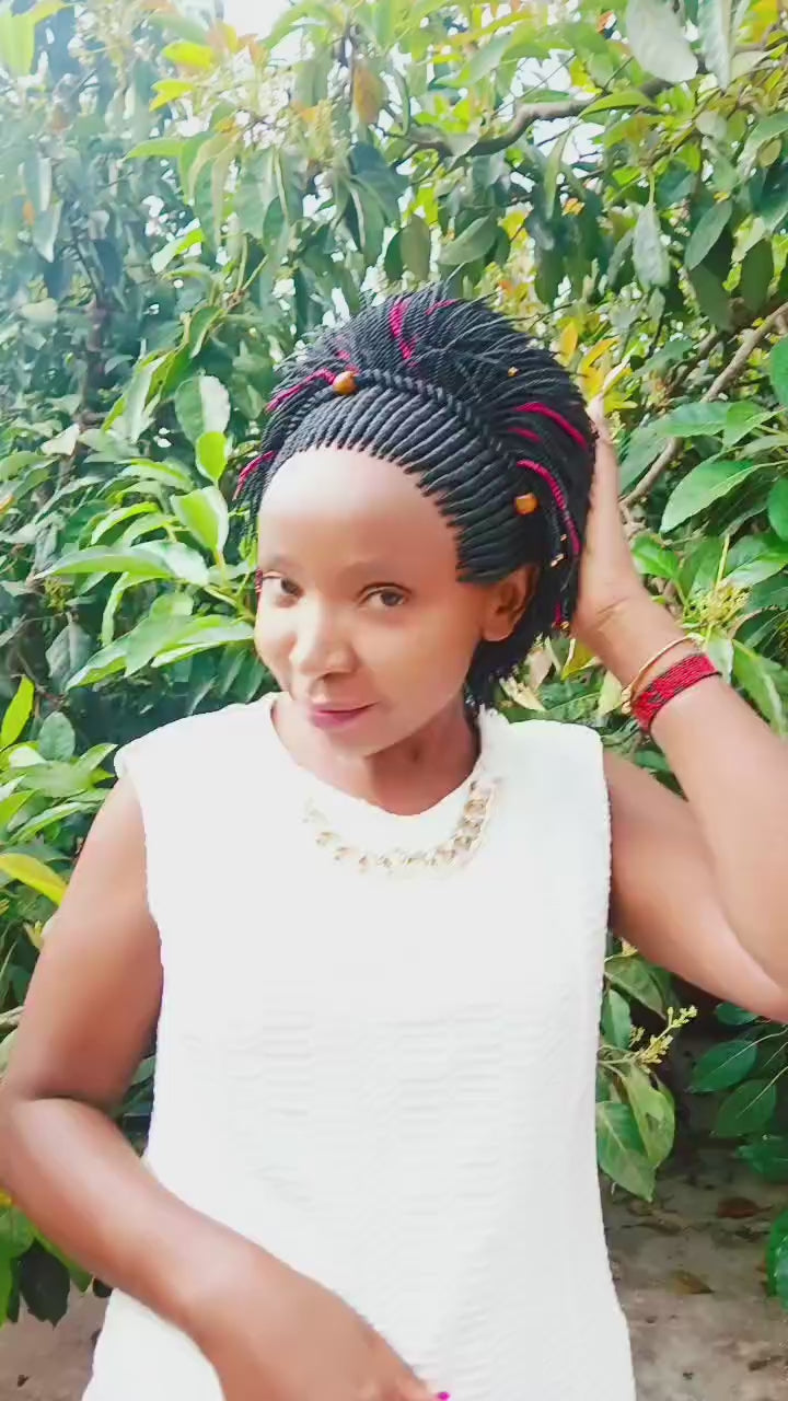 Maasai Wig | Short Kinky-Twist Braided Wig with Color Streaks & Beads